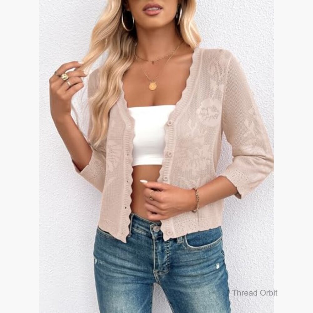 Cropped Cardigan Sweater 3/4 Sleeve Button Down Lightweight Knit Shrug - Picture 6 of 7